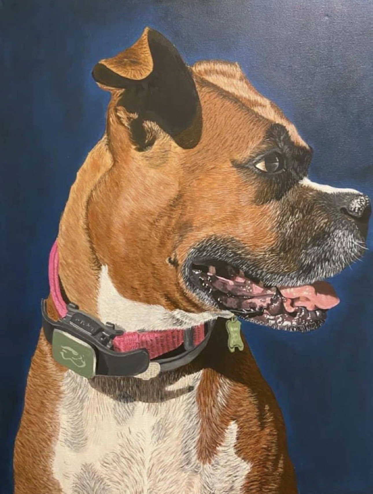 Acrylic portrait of a boxer against a deep navy ground
